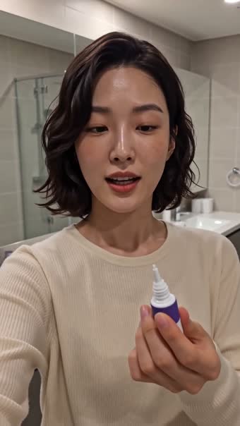 3.2초 — 제품이 손에 처음 등장, 보라 캡이 아래쪽