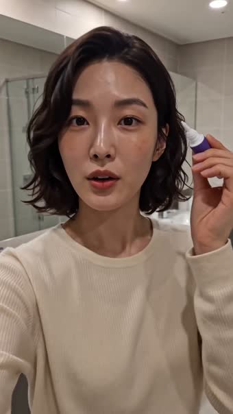 4.2초 — 제품을 얼굴 옆으로 들어올림, 보라 캡 그대로